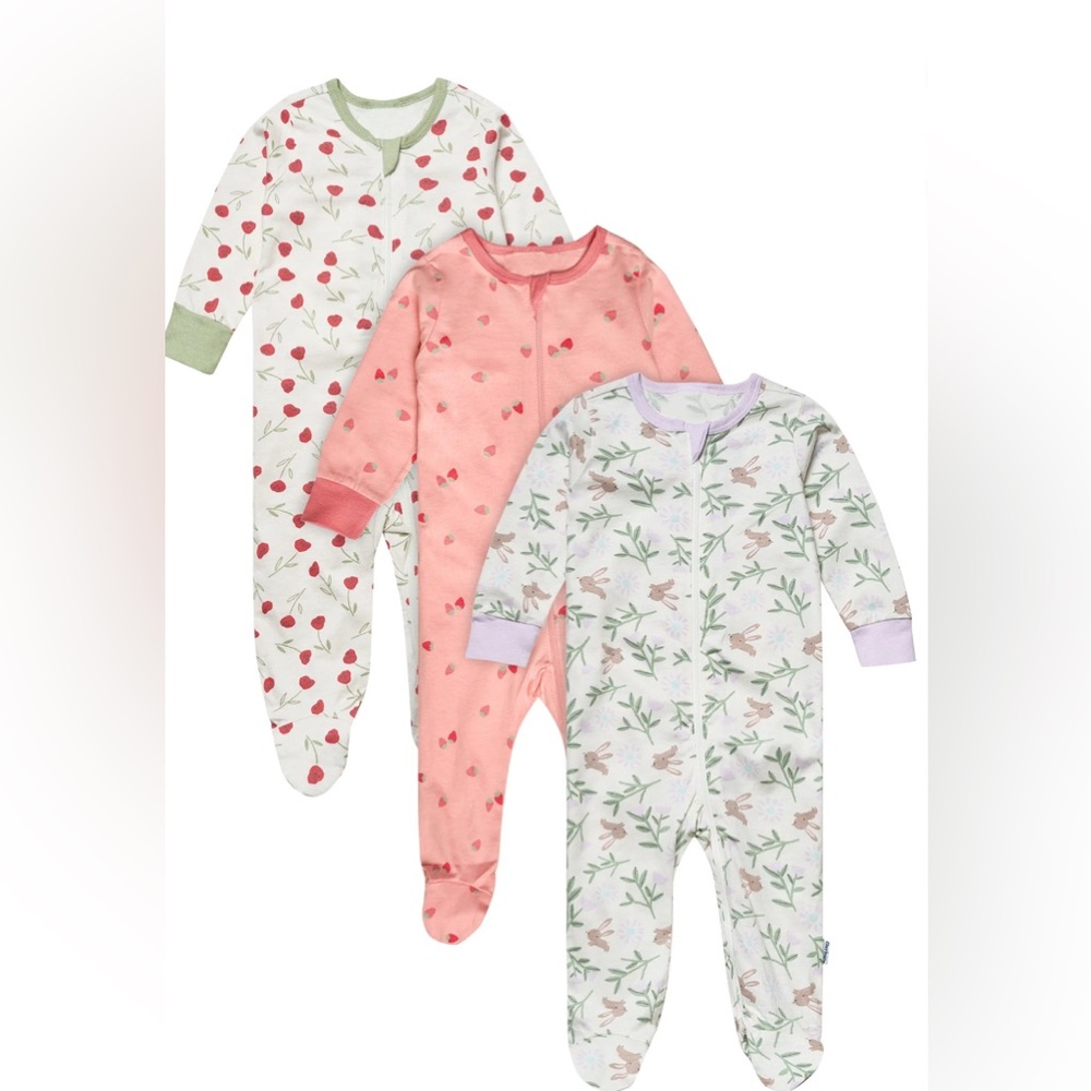 Gerber Baby Girl’s 3 Pack Long Sleeve 100% Jersey Cotton Zipping Pajamas New!